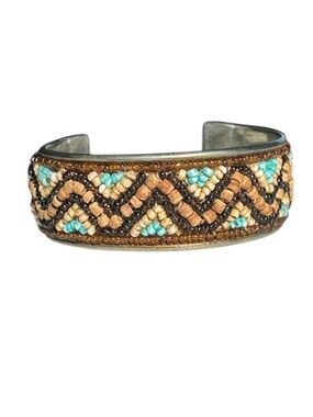 Vintage Y2K Brown Cream Turquoise Western Boho Beaded Adjustable Cuff Bracelet